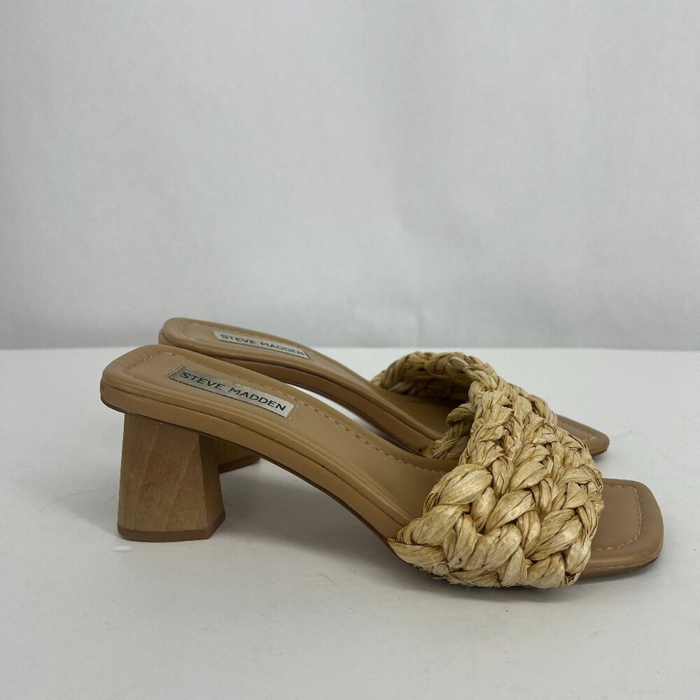 Steve Madden Saged Neutral Raffia Square Toe Heel Size 7 - Picture 3 of 14